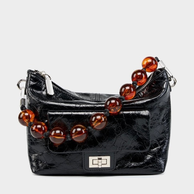 Genuine Leather Pleated Beaded Chain Crossbody Bag in Luxe Black & Angola Red