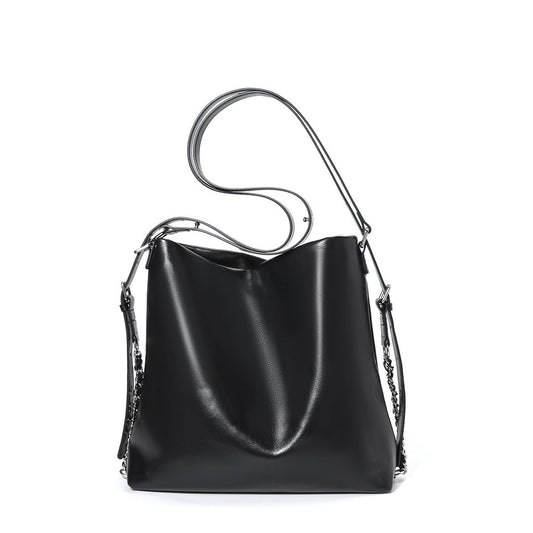 Sleek Leather Chain-Strap Bucket Bag for Urban Elegance