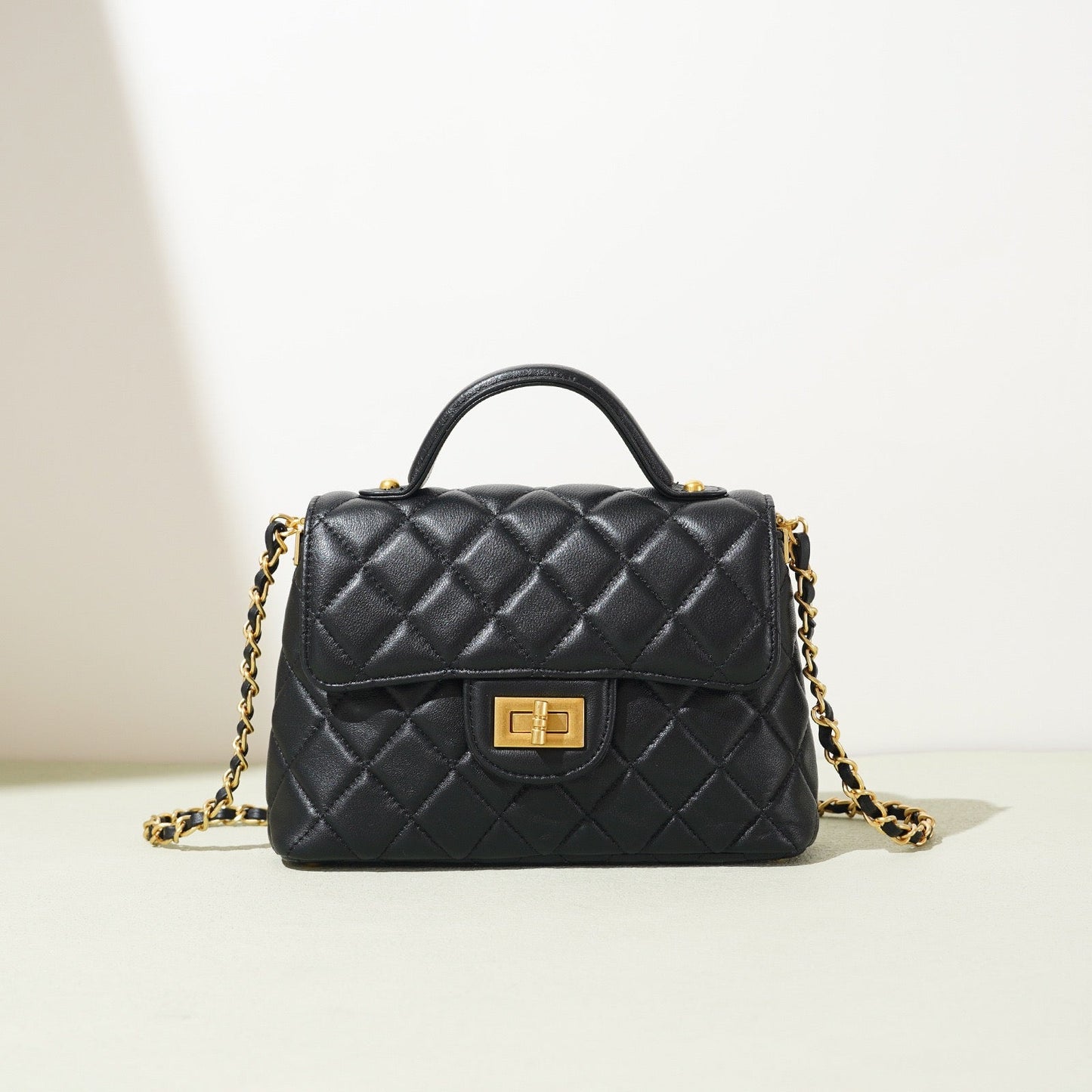 Quilted Sheepskin Chain Lock Crossbody Bag in Classic Black