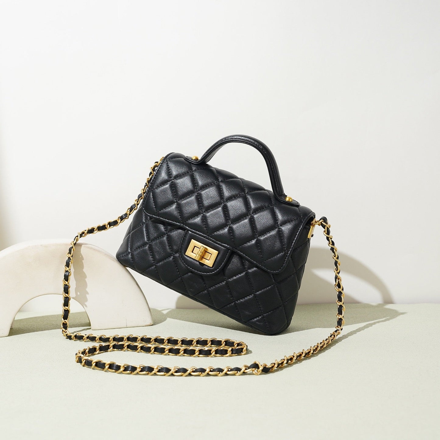 Quilted Sheepskin Chain Lock Crossbody Bag in Classic Black