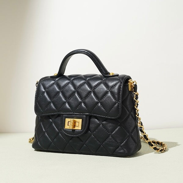 Quilted Sheepskin Chain Lock Crossbody Bag in Classic Black
