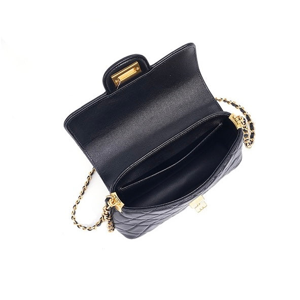 Quilted Sheepskin Chain Lock Crossbody Bag in Classic Black