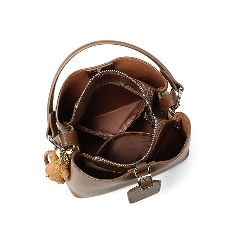 Coffee Genuine Leather Bucket Bag with Charming Bear Accent