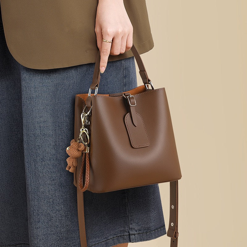 Coffee Genuine Leather Bucket Bag with Charming Bear Accent
