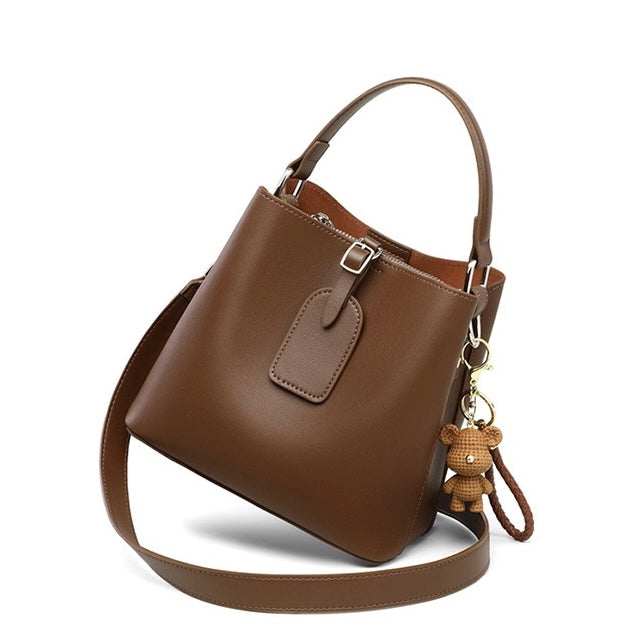 Coffee Genuine Leather Bucket Bag with Charming Bear Accent