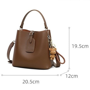 Coffee Genuine Leather Bucket Bag with Charming Bear Accent