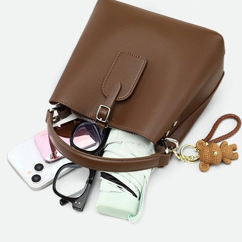 Coffee Genuine Leather Bucket Bag with Charming Bear Accent