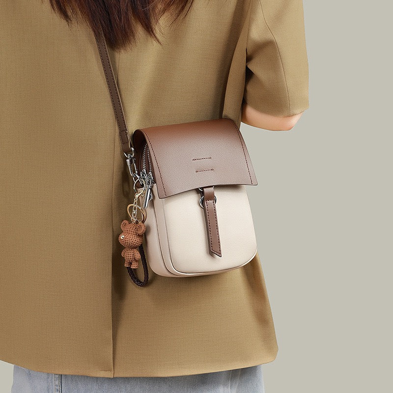 Color-Block Genuine Leather Mini Crossbody Bag with Bear Charm