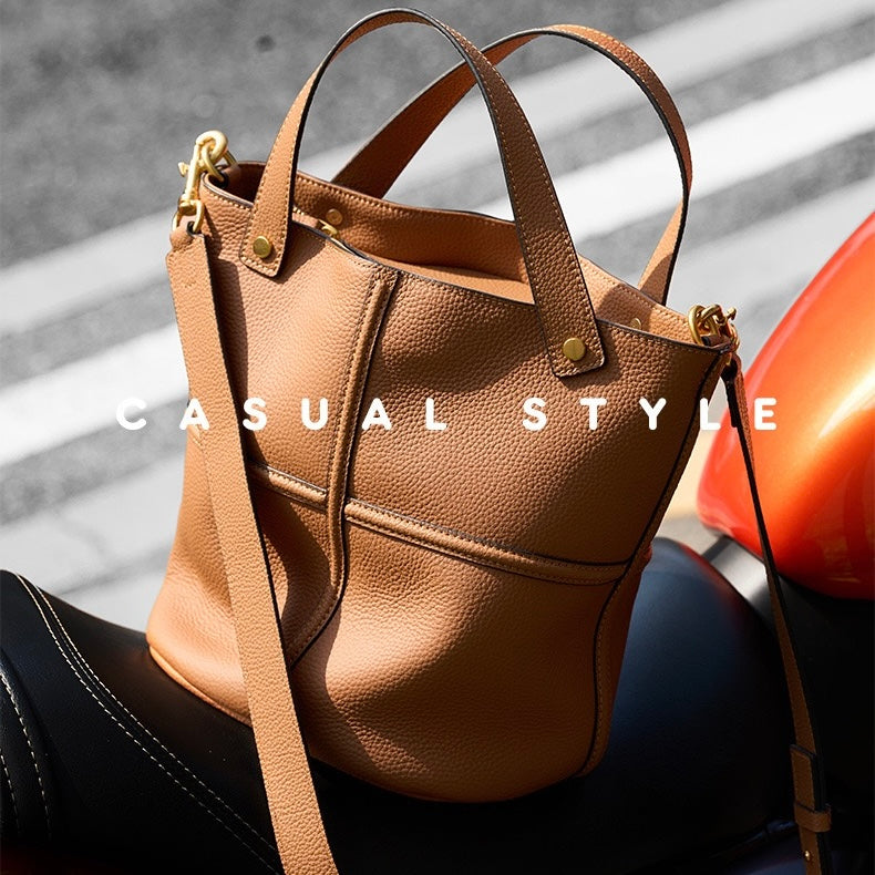 Elegant Genuine Leather Large Capacity Bucket Bag for Women