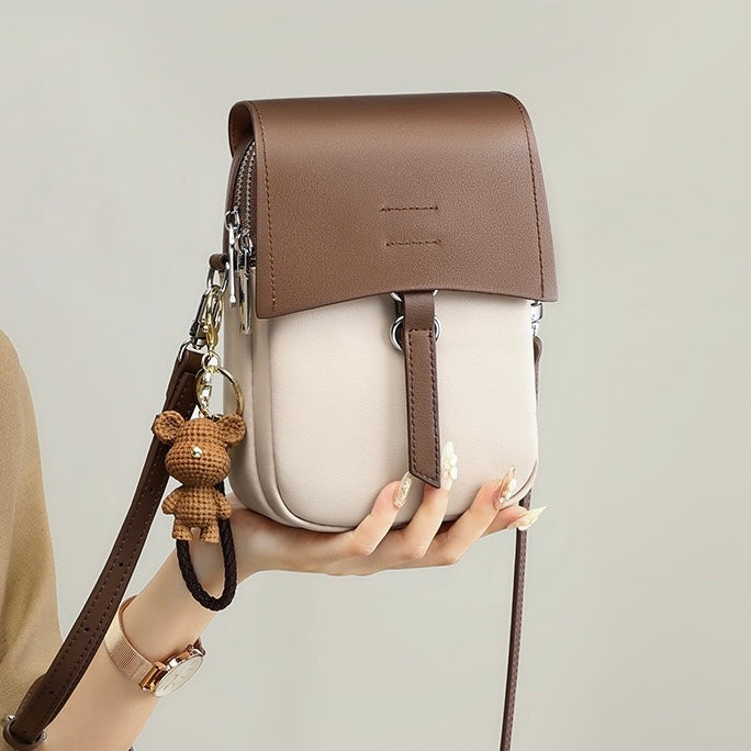 Color-Block Genuine Leather Mini Crossbody Bag with Bear Charm