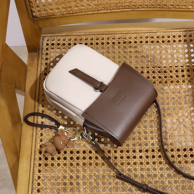 Color-Block Genuine Leather Mini Crossbody Bag with Bear Charm