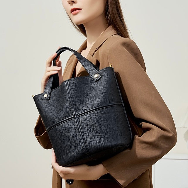 Elegant Genuine Leather Large Capacity Bucket Bag for Women