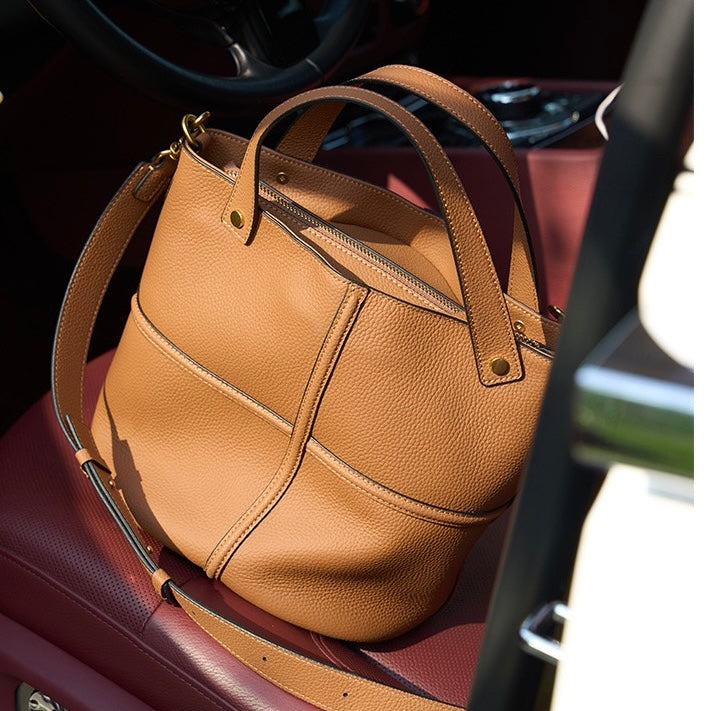 Elegant Genuine Leather Large Capacity Bucket Bag for Women