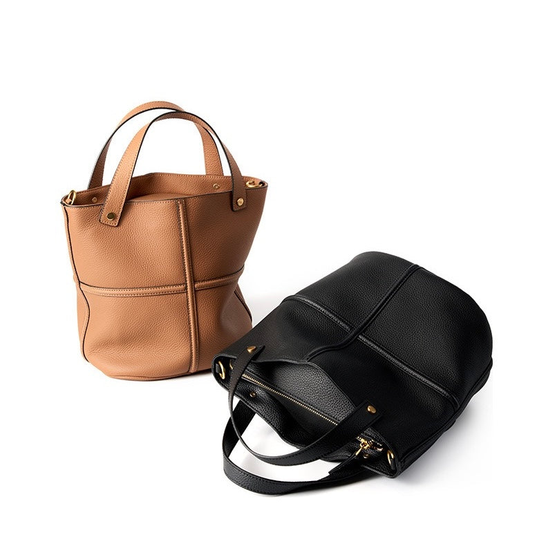 Elegant Genuine Leather Large Capacity Bucket Bag for Women