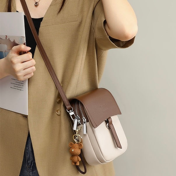 Color-Block Genuine Leather Mini Crossbody Bag with Bear Charm