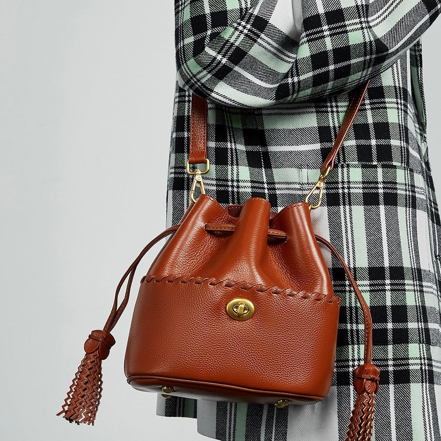 Women's Premium Cowhide Fringe Bucket Crossbody Handbag