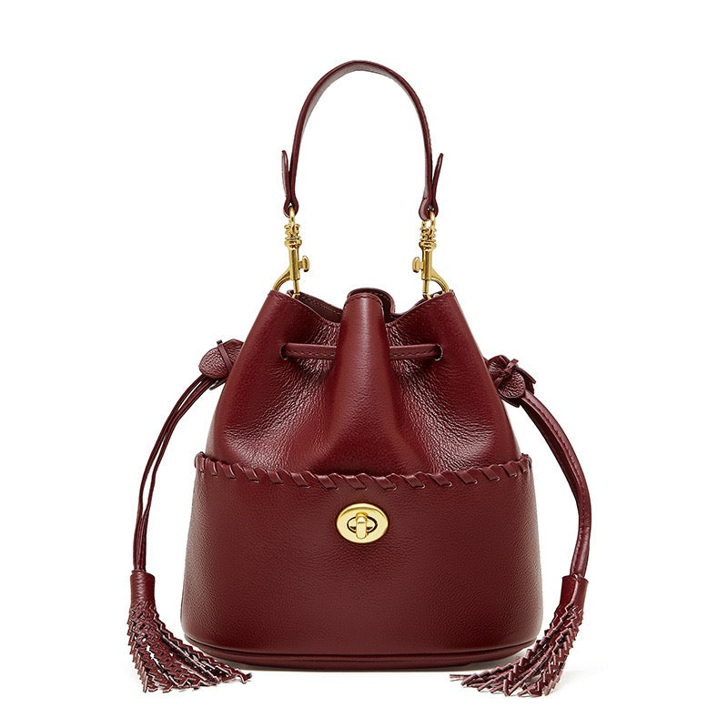 Women's Premium Cowhide Fringe Bucket Crossbody Handbag