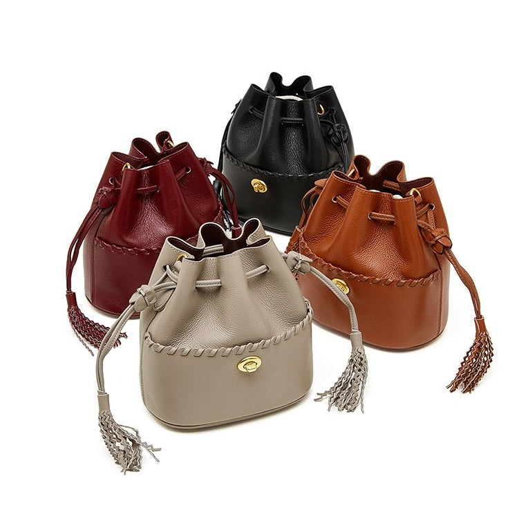 Women's Premium Cowhide Fringe Bucket Crossbody Handbag