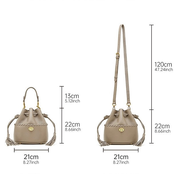 Women's Premium Cowhide Fringe Bucket Crossbody Handbag