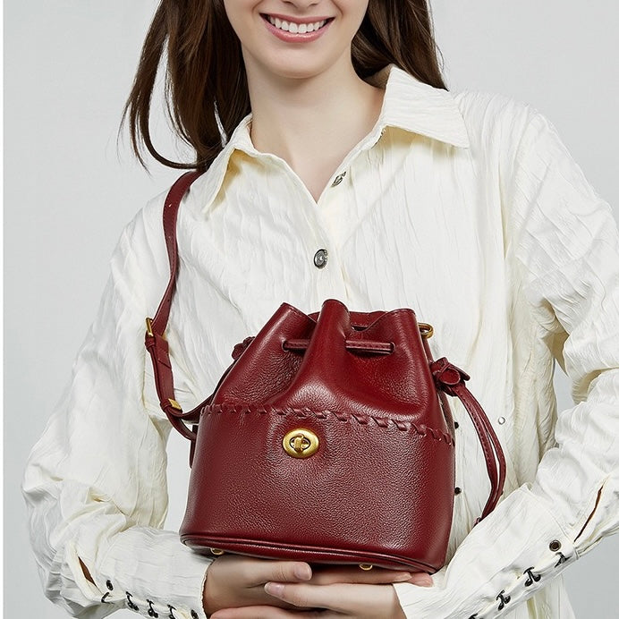 Women's Premium Cowhide Fringe Bucket Crossbody Handbag