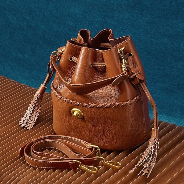 Women's Premium Cowhide Fringe Bucket Crossbody Handbag