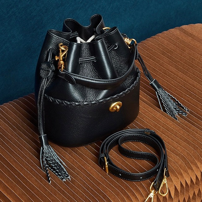 Women's Premium Cowhide Fringe Bucket Crossbody Handbag