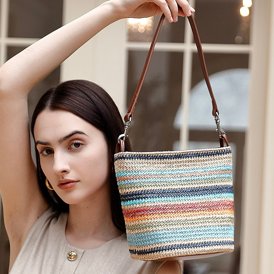 Summer Luxe Genuine Leather & Straw Color Block Bucket Bag