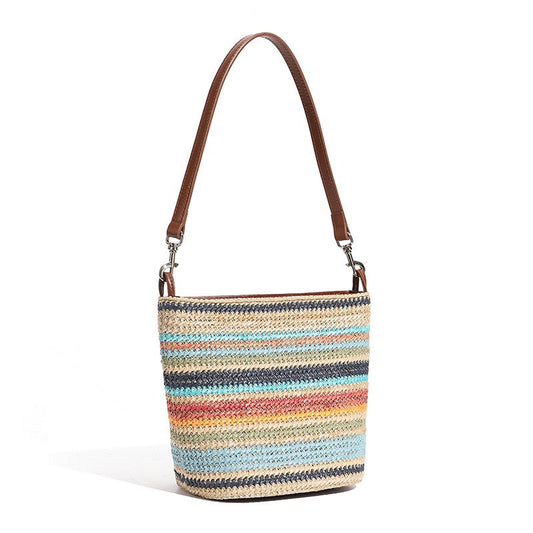 Summer Luxe Genuine Leather & Straw Color Block Bucket Bag