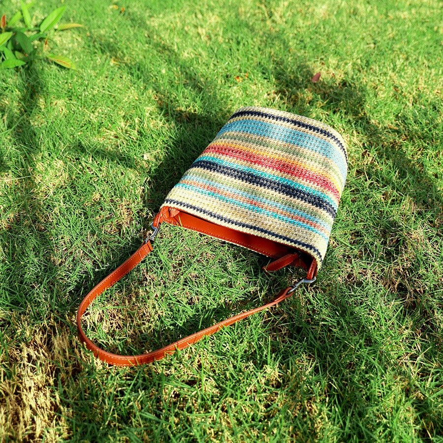 Summer Luxe Genuine Leather & Straw Color Block Bucket Bag