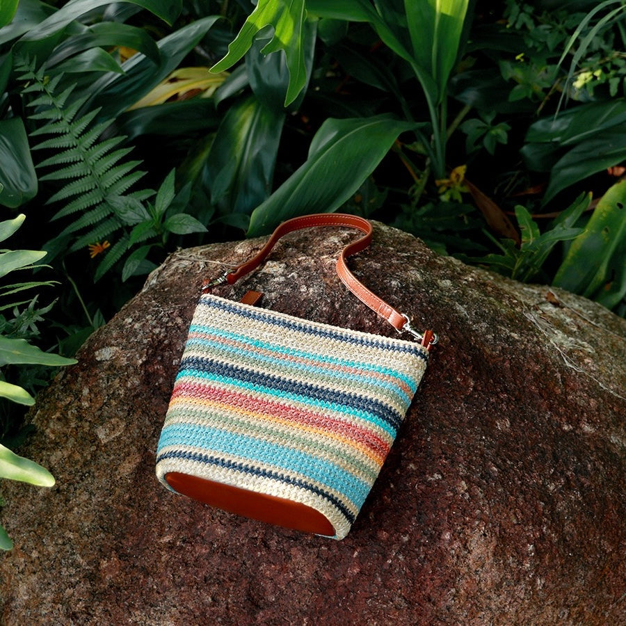 Summer Luxe Genuine Leather & Straw Color Block Bucket Bag