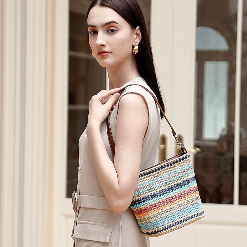 Summer Luxe Genuine Leather & Straw Color Block Bucket Bag