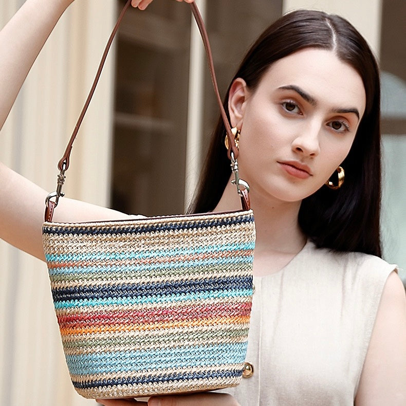 Summer Luxe Genuine Leather & Straw Color Block Bucket Bag