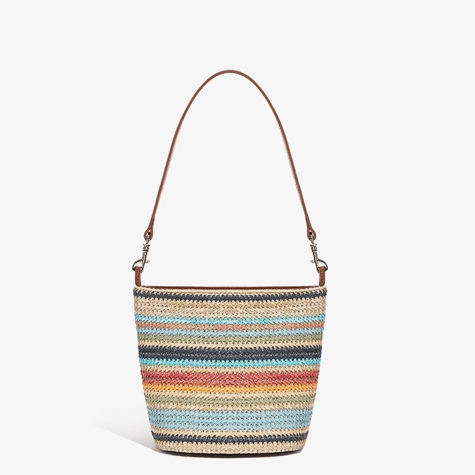 Summer Luxe Genuine Leather & Straw Color Block Bucket Bag