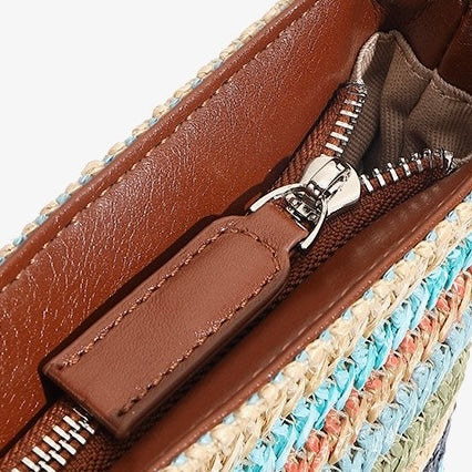 Summer Luxe Genuine Leather & Straw Color Block Bucket Bag