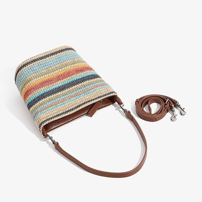 Summer Luxe Genuine Leather & Straw Color Block Bucket Bag