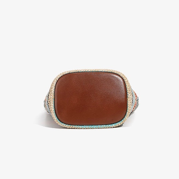 Summer Luxe Genuine Leather & Straw Color Block Bucket Bag