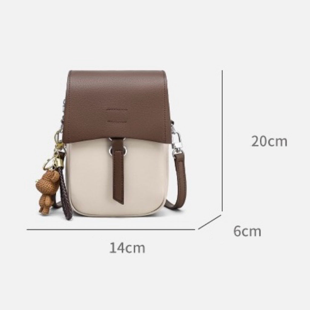 Color-Block Genuine Leather Mini Crossbody Bag with Bear Charm