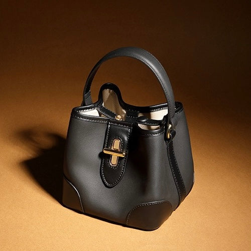 Genuine Leather Mini Bucket Handbag with Premium Lock for Women