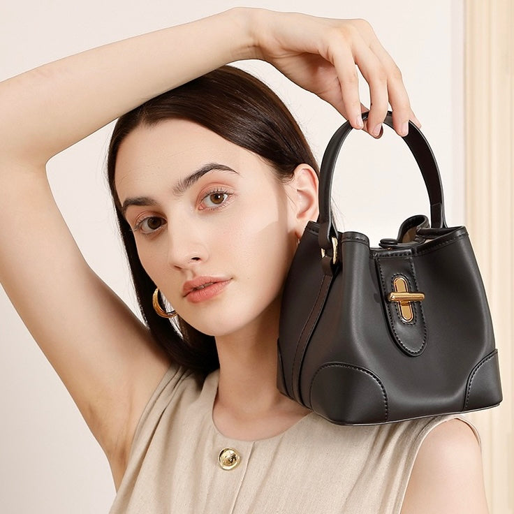 Genuine Leather Mini Bucket Handbag with Premium Lock for Women