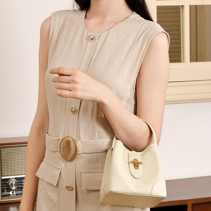 Genuine Leather Mini Bucket Handbag with Premium Lock for Women