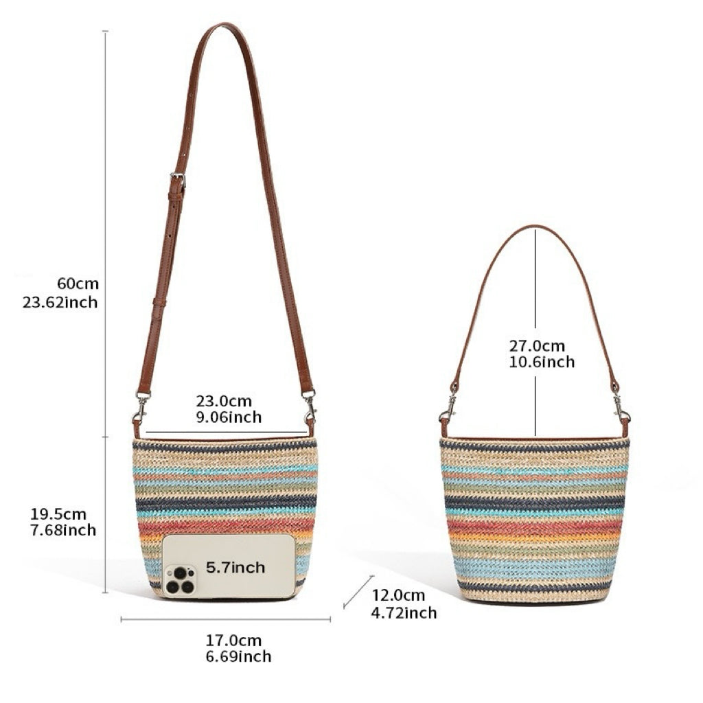 Summer Luxe Genuine Leather & Straw Color Block Bucket Bag