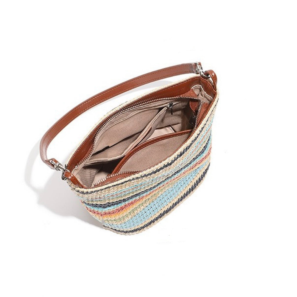 Summer Luxe Genuine Leather & Straw Color Block Bucket Bag