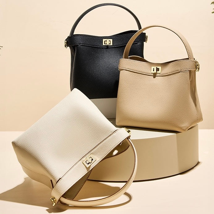 Genuine Leather Minimalist Bucket Bag for Women