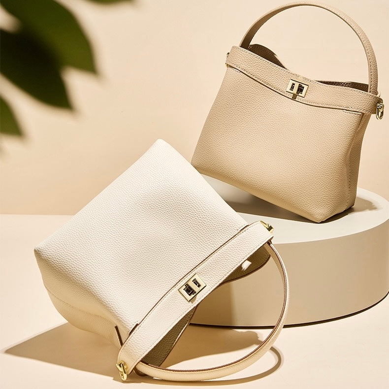 Genuine Leather Minimalist Bucket Bag for Women