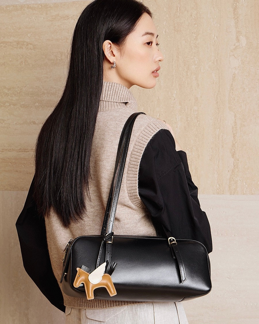 Genuine Leather Retro Bowling Bag with Horse Charm