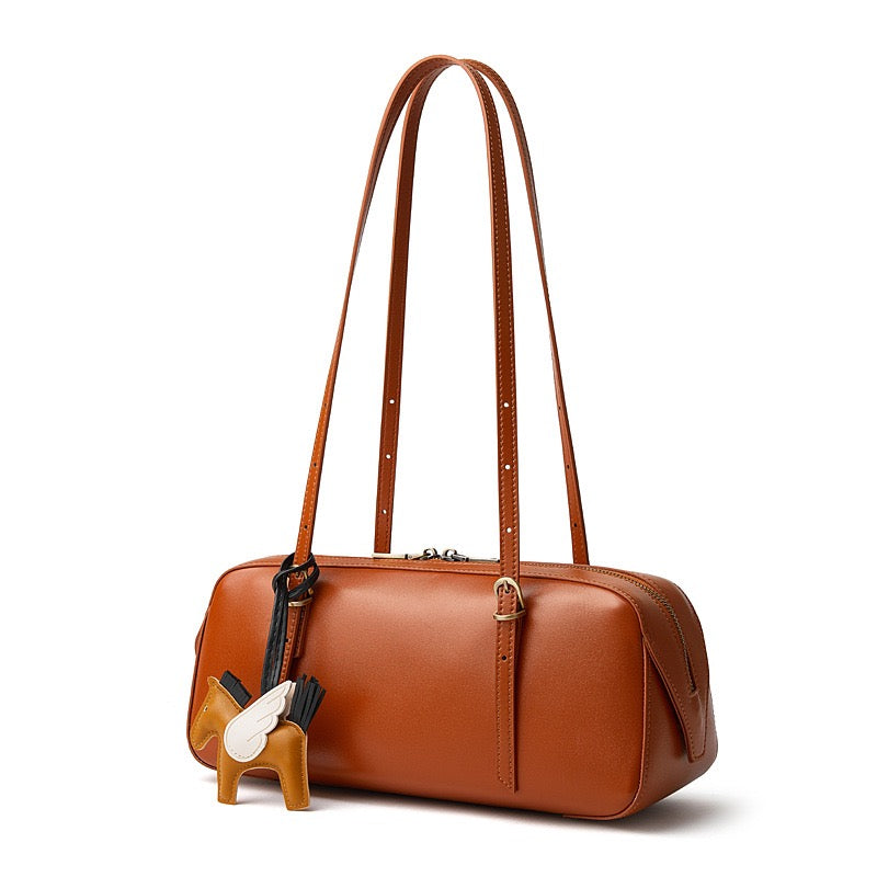 Genuine Leather Retro Bowling Bag with Horse Charm