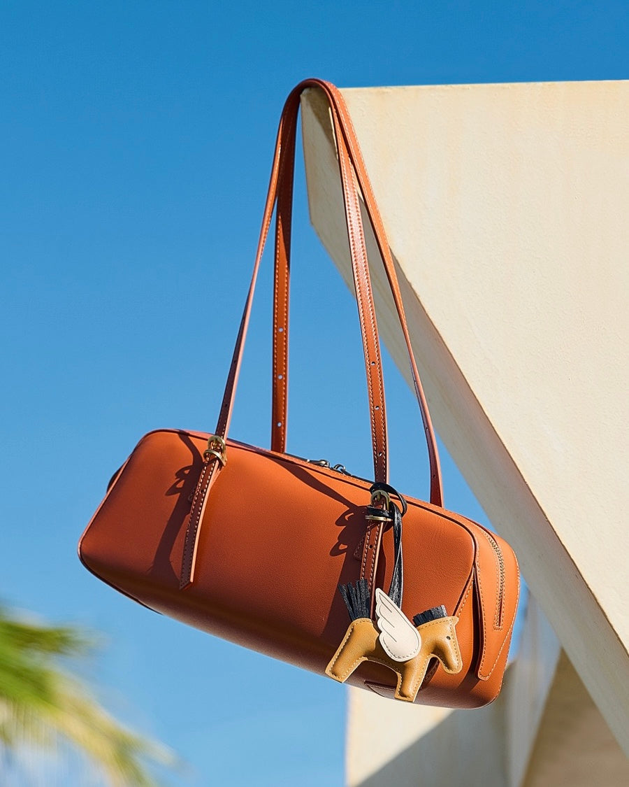 Genuine Leather Retro Bowling Bag with Horse Charm