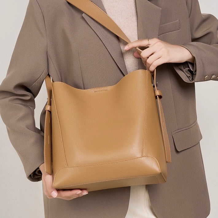 Oversized Genuine Leather Bucket Bag for Women