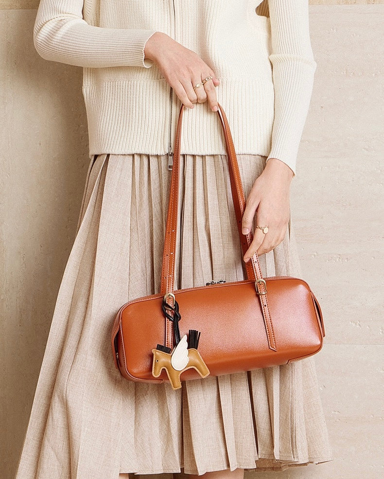 Genuine Leather Retro Bowling Bag with Horse Charm