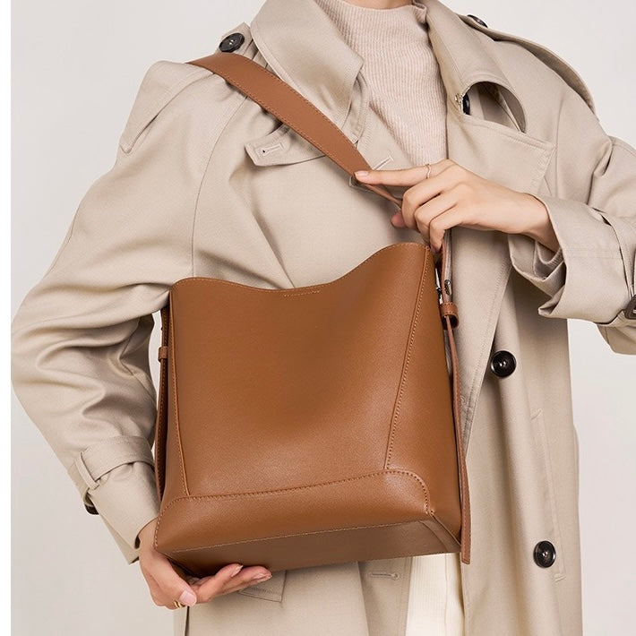 Oversized Genuine Leather Bucket Bag for Women